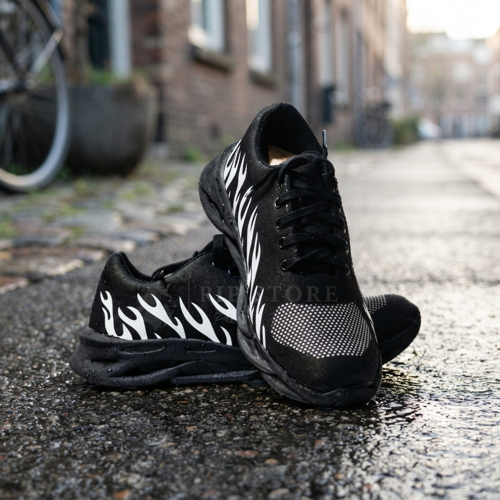 Black and White Flame Design Sports Sneakers