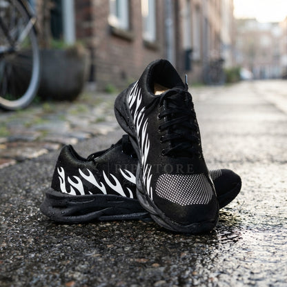 Black and White Flame Design Sports Sneakers