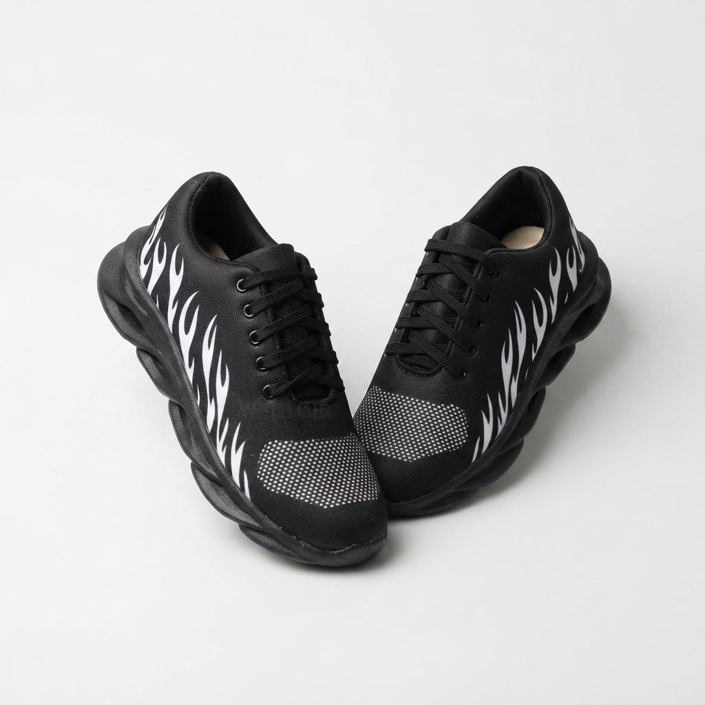Black and White Flame Design Sports Sneakers