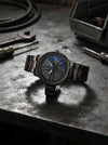 Matte Black Wheel Rim Dial Men's Watch with Blue Accents – Stylish Sports Wristwatch