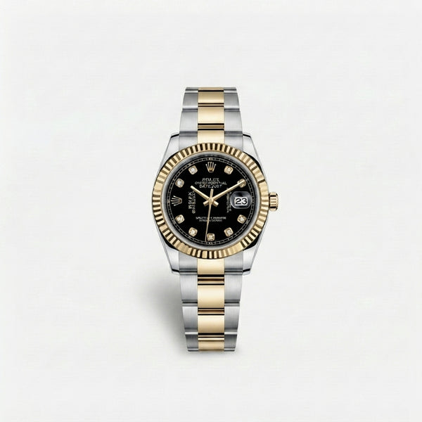 Luxury Two-Tone Gold & Silver Fluted Bezel Men's Watch with Diamond Index Black Dial – Premium Wristwatch