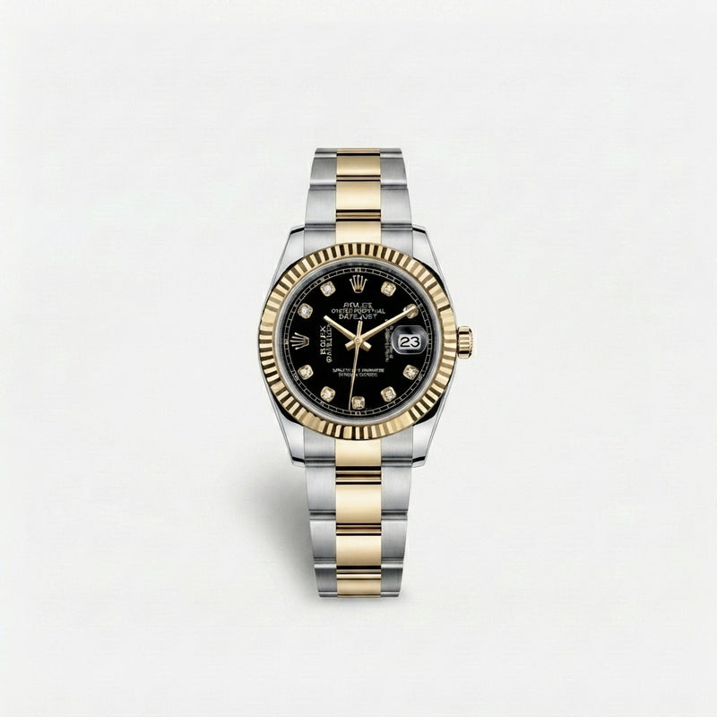 Luxury Two-Tone Gold & Silver Fluted Bezel Men's Watch with Diamond Index Black Dial – Premium Wristwatch