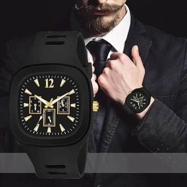 Men Black Silicone Analogue Watch with Gold Accents