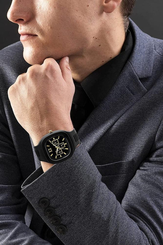 Men Black Silicone Analogue Watch with Gold Accents