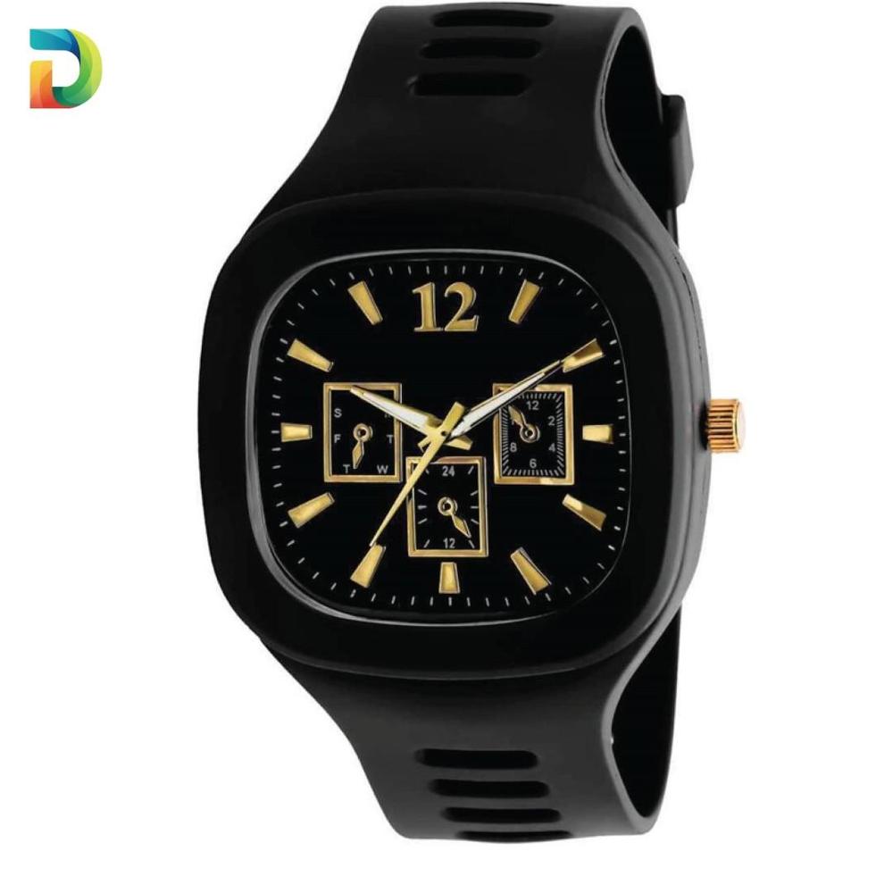 Men Black Silicone Analogue Watch with Gold Accents