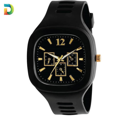 Men Black Silicone Analogue Watch with Gold Accents