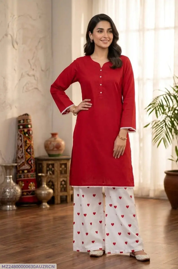 2 Pcs Women's Stitched Cotton heart style Shirt And printedTrouser