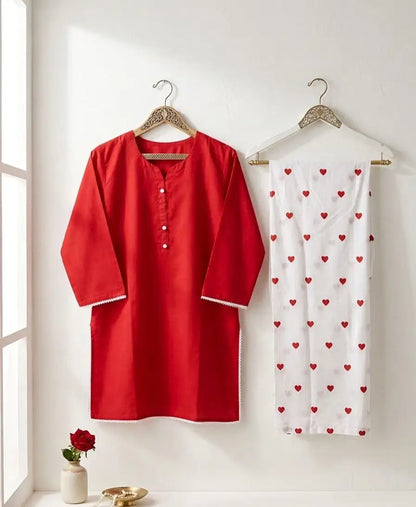 2 Pcs Women's Stitched Cotton heart style Shirt And printedTrouser