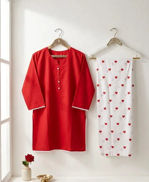 2 Pcs Women's Stitched Cotton heart style Shirt And printedTrouser