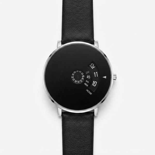 Unique Rotating Disc Minimalist Men's Watch with Black Leather Strap – Futuristic Wristwatch