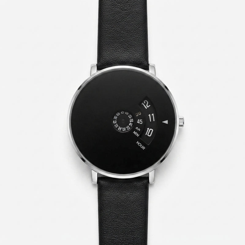 Unique Rotating Disc Minimalist Men's Watch with Black Leather Strap – Futuristic Wristwatch