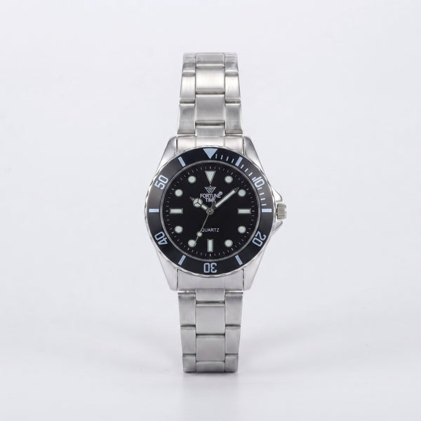 Fortune Time Silver Stainless Steel Men's Watch with Black Bezel – Classic Diver Wristwatch