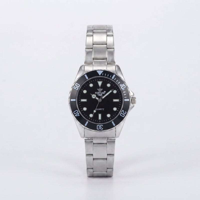 Fortune Time Silver Stainless Steel Men's Watch with Black Bezel – Classic Diver Wristwatch