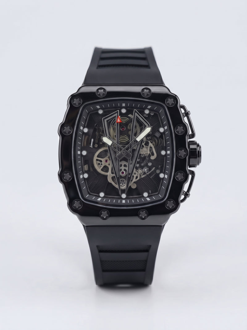 Luxury Tonneau Skeleton Dial Men's Watch with Black Rubber Strap – Premium Sports Wristwatch