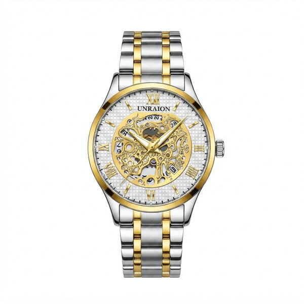 UNRAION Luxury Skeleton Dial Men's Watch – Two-Tone Silver & Gold Stainless Steel