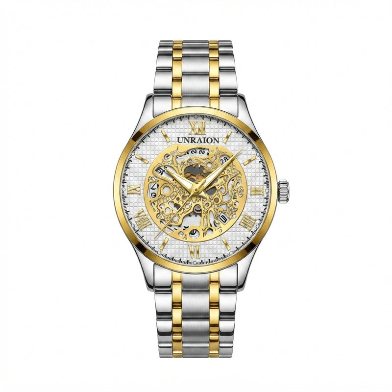 UNRAION Luxury Skeleton Dial Men's Watch – Two-Tone Silver & Gold Stainless Steel