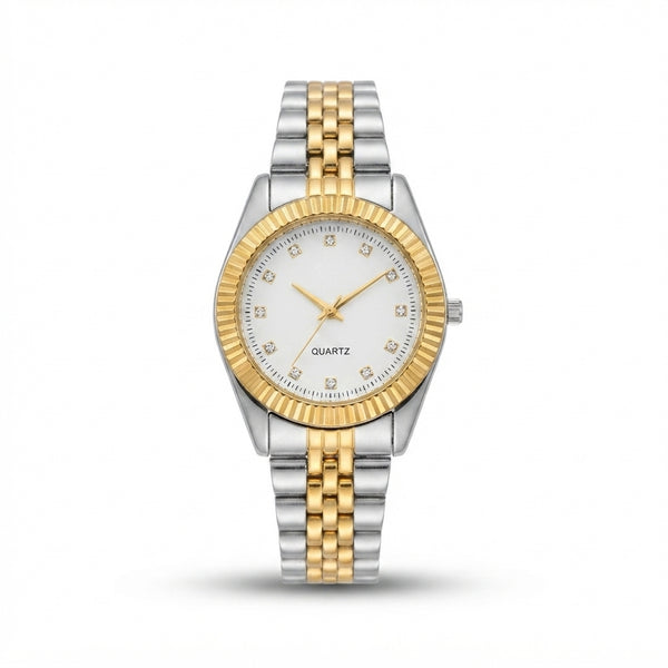 Two-Tone Gold & Silver Fluted Bezel Men's Watch with Crystal Index White Dial – Premium Wristwatch