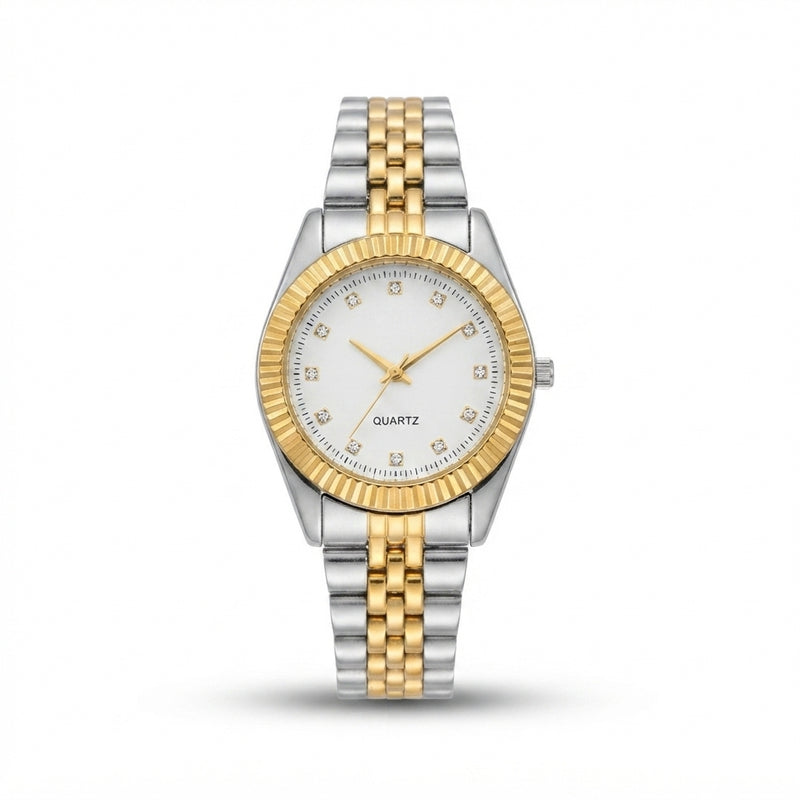 Two-Tone Gold & Silver Fluted Bezel Men's Watch with Crystal Index White Dial – Premium Wristwatch