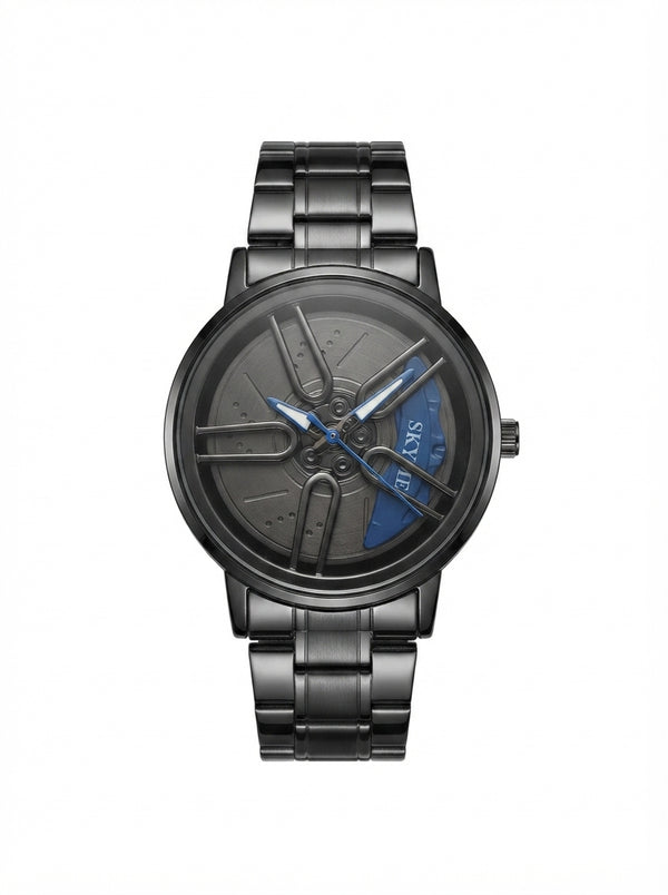 Matte Black Wheel Rim Dial Men's Watch with Blue Accents – Stylish Sports Wristwatch