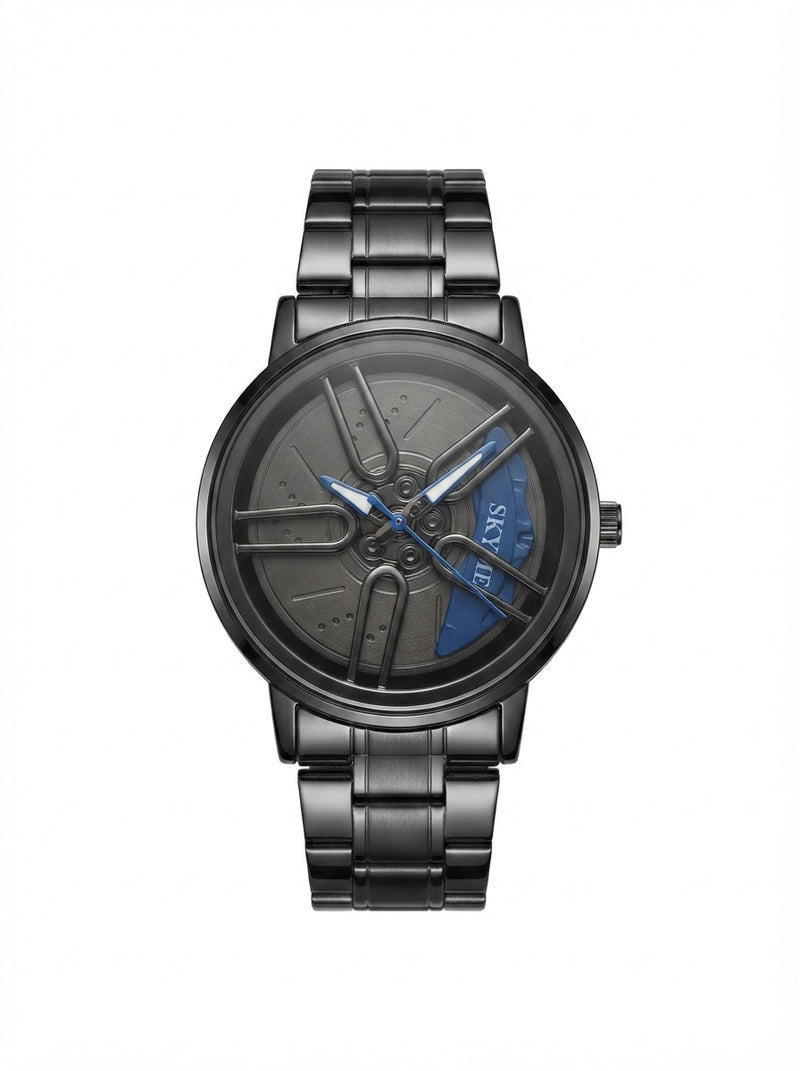 Matte Black Wheel Rim Dial Men's Watch with Blue Accents – Stylish Sports Wristwatch