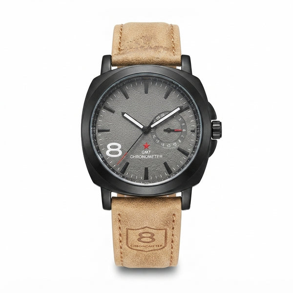 GMT Chronometer Analog Leather Watch for Men – Black Dial & Tan Brown Strap