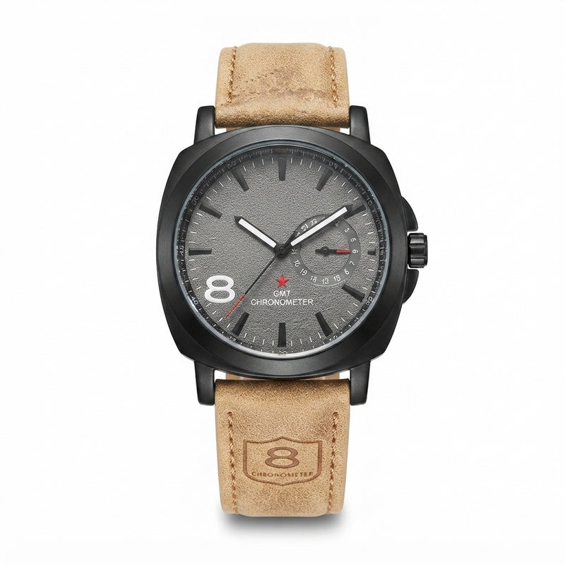 GMT Chronometer Analog Leather Watch for Men – Black Dial & Tan Brown Strap